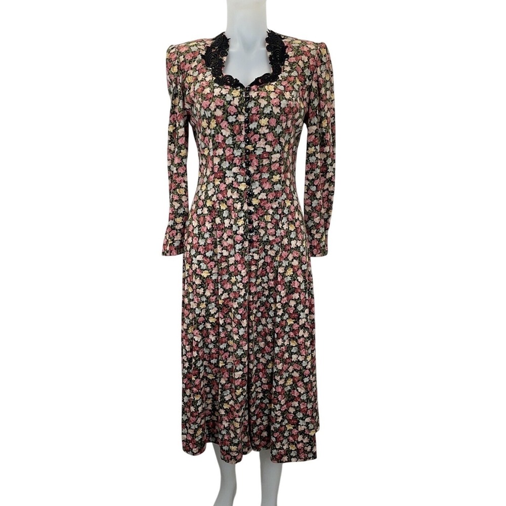 VTG 80s Dress Floral Knit Midi Cottagecore Victorian Women's EXPO SZ 6